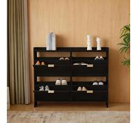 Ojiuboo Scarpiera moderna con quattro coperchi, ripiani aperti e scarpiera autoportante, ideale per ingressi o corridoi. 110 × 24 × 90 cm (nero)