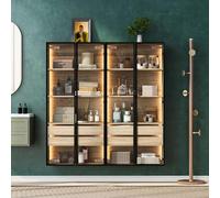 Ojiuboo, Set lavabo da bagno in due pezzi con striscia luminosa a LED, spazio medio, 2 cassetti grandi e 2 ante in vetro smerigliato, montaggio a parete, moderno minimalista, marrone chiaro