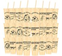 OJMHD 24 bicchieri di plastica con dinosauri, con coperchi e cannucce, 710 ml, riutilizzabili, per bambini, per caffè freddo, da viaggio, per adulti, per feste a tema di compleanno, stoviglie (cachi)