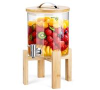 OJTOJT Dispenser per bevande in vetro 5L, Distributore di bevande con rubinetto, con Supporto in Bambù, per Acqua, Succhi, Ghiaccio, Frutta, Cocktails, Infusi