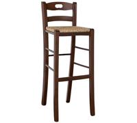 Sgabello alto da bar in legno noce scuro h 80 cm con manico e seduta in paglia