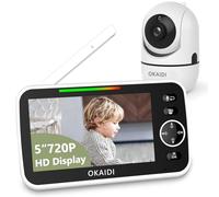 OKAIDI Baby Monitor HD 720P, Baby Monitor da 5 pollici con fotocamera e audio, batteria 5000mAh, Pan-Tilt remoto, Zoom 3X, Baby monitor da 1000 piedi NO WIFI, visione notturna, conversazione a 2 vie,