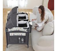 Okaytwins Culla doppia e culla e playard per bambini, include 2 culle portatili rimovibili Rock-A-Bye con borse portaoggetti, grigio