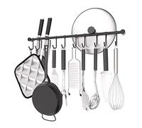 OKEPOO Wall Mounted Utensil Holder, Stainless Steel 20 inch Hook Bar Utensils with 10 Pcs Noiseless Sliding Hooks, Spoon Rack Hanger Bar Tool Organizer for Kitchen. (Black)