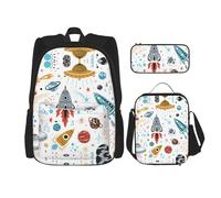 OKFSTY Cartoon Rockets 3 pezzi, zaino per bambini da 40,6 cm per bambini in età prescolare elementare e contenitore per il pranzo leggero, Nero , Taglia unica, Set di zaini per la scuola