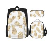 OKFSTY Golden Ananas Sfondo 3pcs Zaino, 16 "Ragazzi Prescolare Elementare Bookbag e Lunch Box Leggero, Nero , Taglia unica, Set di zaini per la scuola