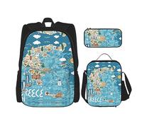 OKFSTY Greece Map - Zaino leggero per bambini da 40,6 cm, 3 pezzi, Nero , Taglia unica, Set di zaini per la scuola