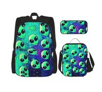 OKFSTY Green Aliens - Zaino, 3 pezzi, 40,6 cm, per bambini in età prescolare elementare e contenitore per il pranzo, leggero, Nero , Taglia unica, Set di zaini per la scuola
