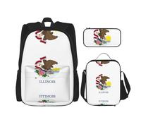 OKFSTY Illinois State Flag 3 pezzi, zaino da 40,6 cm per bambini in età prescolare elementare e contenitore per il pranzo leggero, Nero , Taglia unica, Set di zaini per la scuola