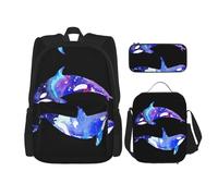 OKFSTY Orca Killer Whale - Zaino, 3 pezzi, 40,6 cm, per bambini in età prescolare elementare e contenitore per il pranzo, leggero, Nero , Taglia unica, Set di zaini per la scuola