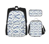 OKFSTY Piccolo zaino blu balena nuoto 3pcs 40,6 cm ragazzi scuola elementare bookbag e lunch box leggero, Nero , Taglia unica, Set di zaini per la scuola