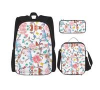 OKFSTY Romantico fantasia floreale uccelli farfalla 3pcs zaino, 40,6 cm ragazzi prescolare elementare bookbag e lunch box leggero, Nero , Taglia unica, Set di zaini per la scuola