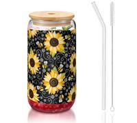 OKFSTY Set di bicchieri da 473,6 ml, con stampa di api di girasole, accessori da caffè, bicchieri da birra ghiacciata, tazze di vetro riutilizzabili per regali