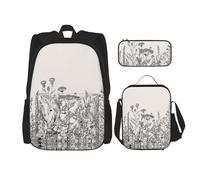 OKFSTY Zaino, 3 pezzi, con incisione floreale e erbe botaniche, 40,6 cm, per bambini in età prescolare elementare e contenitore per il pranzo, leggero, Nero , Taglia unica, Set di zaini per la scuola