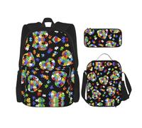 OKFSTY Zaino, 3 pezzi di puzzle per la consapevolezza dell'autismo, 3 pezzi, 40,6 cm, per bambini in età prescolare elementare, borsa per libri e portapranzo, leggera, Nero , Taglia unica, Set di