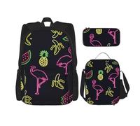 OKFSTY Zaino con ananas e fenicottero, 3 pezzi, 40,6 cm, per bambini in età prescolare elementare e contenitore per il pranzo, leggero, Nero , Taglia unica, Set di zaini per la scuola