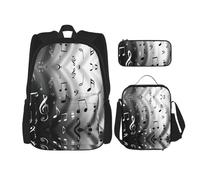 OKFSTY Zaino con stampa di note musicali, 3 pezzi, 40,6 cm, per bambini in età prescolare elementare e contenitore per il pranzo, leggero, Nero , Taglia unica, Set di zaini per la scuola