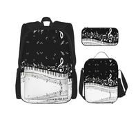 OKFSTY Zaino con tasti di pianoforte con note musicali, 3 pezzi, 40,6 cm, per bambini in età prescolare elementare e contenitore per il pranzo, leggero, Nero , Taglia unica, Set di zaini per la scuola