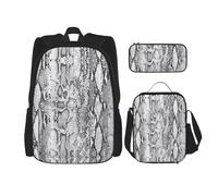 OKFSTY Zaino in pelle di serpente bianco e nero, 3 pezzi, 40,6 cm, per bambini in età prescolare elementare e contenitore per il pranzo, leggero, Nero , Taglia unica, Set di zaini per la scuola
