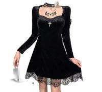 OKGD E-girl Grunge Gotico Nero Mini Abito Pizzo Trim Vita Alta Vestito Aderente Y2K Donne Anni '90 Vintage Punk Harajuku Lolita Vestiti-Nero, L