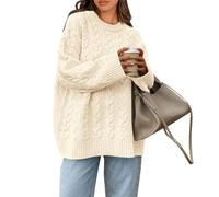Okiwam Maglioni Oversize da Donna a Maniche Lunghe Girocollo Pullover Lavorato a Maglia Grossa 2025 Autunno Moda Tinta Unita Maglione Top, Beige e Bianco., S