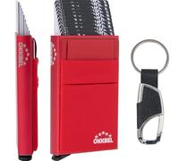 OKKBEL - Porta carte di credito, sicuro e anti-pirateria, può contenere 10 carte, carte d'identità, carte vitali, contanti, banconote, carte di credito, pop-up, rigido, in alluminio, anti RFID, rosso
