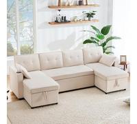 OKMYHOME Divani convertibili - Divano angolare con letto a 4 posti, convertibile con contenitore e portabicchieri, tessuto di cotone, colore: beige