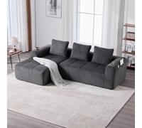 OKMYHOME Divano componibile a 4 posti e confortevole, moderno, con tasche laterali e portabicchieri, 3 cuscini in velluto a coste, grigio scuro