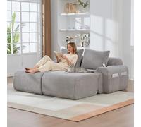 OKMYHOME Divano componibile - Divano a 2 posti con 2 pouf, porta bicchiere integrato e tasca portaoggetti laterale, velluto a coste, 200 x 174 x 80 cm, grigio chiaro