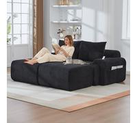OKMYHOME Divano componibile - Divano a 2 posti con 2 pouf, porta bicchiere integrato e tasca portaoggetti laterale, velluto a coste, 200 x 174 x 80 cm, nero