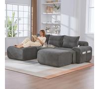 OKMYHOME Divano componibile - Divano a 3 posti con 2 pouf, porta bicchiere integrato e tasca portaoggetti laterale, rivestimento in velluto a coste, 268 x 174 x 80 cm, grigio scuro