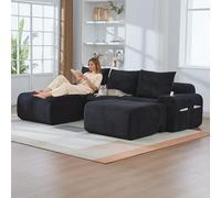OKMYHOME Divano componibile - Divano a 3 posti con 2 pouf, porta bicchiere integrato e tasca portaoggetti laterale, rivestimento in velluto a coste, 268 x 174 x 80 cm, nero