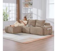 OKMYHOME Divano componibile - Divano a 3 posti con pouf, porta bicchiere integrato e tasca portaoggetti laterale, velluto a coste, 268 x 174 x 80 cm, marrone