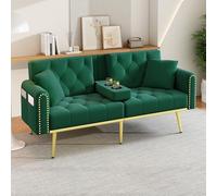 OKMYHOME Divano convertibile - Divano letto a 2 posti con porta bicchieri e funzione Relax, 3 angoli di inclinazione regolabili, velluto verde, 175 x 80 x 73,5 cm