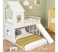 OKMYHOME Letto a castello 90 x 200 cm - Letto per bambini con scivoli, barriera anticaduta, scala a tre gradini, pino + MDF, senza materasso, colore: bianco