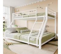 OKMYHOME Letto a castello 90 x 200 e 140 x 200 cm, letto a castello per bambini/adolescenti con scala e barriere di sicurezza integrate, in metallo robusto, bianco, senza materasso