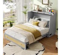 OKMYHOME Letto a scomparsa 140 x 200 cm, con scrivania modulare e 2 cassetti, letto matrimoniale con presa USB, MDF, senza materasso, grigio