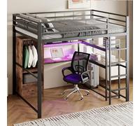 OKMYHOME Letto a soppalco 140 x 200 cm per adolescenti/bambini, con scrivania e cassetto, LED e barriera di sicurezza, in metallo, nero, senza materasso