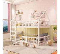 OKMYHOME Letto a soppalco, 140 x 200 cm, per bambini, con barriera di sicurezza e traverse, rete libera, senza materasso, colore: bianco