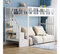 OKMYHOME Letto a soppalco 90 x 200 cm - Letto per bambini con scala integrata e barriere di sicurezza, decorazione luna e stelle, legno massello, senza materasso, bianco