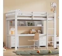 OKMYHOME Letto a soppalco 90 x 200 cm - Letto singolo con scala ad alta corrimano in pino + MDF, senza materasso, colore: bianco