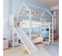 OKMYHOME Letto a soppalco capanna 90 x 200 cm - Letto con scivolo e ripostiglio sotto il letto, pino e MDF, senza materasso, colore: bianco