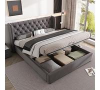 OKMYHOME Letto baule 140 x 190 - Letto matrimoniale con rete a doghe e baule idraulico, in velluto, senza materasso, colore: grigio