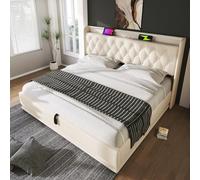 OKMYHOME Letto baule 160 x 200 cm con LED e USB, letto matrimoniale imbottito con testiera portaoggetti e baule idraulico, per adulti e adolescenti, in poliuretano beige con materasso