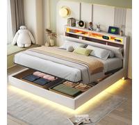 OKMYHOME Letto baule 160 x 200 cm con LED e USB, letto matrimoniale imbottito con testiera portaoggetti e portaoggetti idraulico, per adulti e adolescenti, senza materasso, lino beige