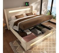 OKMYHOME Letto baule 160 x 200 cm con LED e USB, letto matrimoniale imbottito con testiera portaoggetti e baule idraulico, per adulti e adolescenti, in lino beige senza materasso