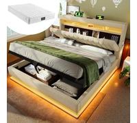 OKMYHOME Letto baule 160 x 200 cm con LED e USB, letto matrimoniale imbottito con testiera portaoggetti e baule idraulico, per adulti e adolescenti, in lino beige con materasso