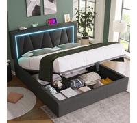 OKMYHOME Letto baule 160 x 200 cm con LED e USB, letto matrimoniale imbottito con testiera portaoggetti e baule idraulico, per adulti e adolescenti, in lino grigio con materasso