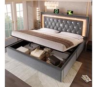 OKMYHOME Letto baule 160 x 200 cm con LED e USB, letto matrimoniale imbottito con testiera portaoggetti e baule idraulico, per adulti e adolescenti, in velluto grigio senza materasso