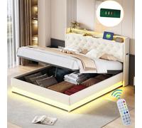 OKMYHOME Letto baule 160 x 200 cm - letto matrimoniale imbottito con LED e USB (3 x USB, 1 x Typ-C) - Testiera con contenitore e 2 tasche laterali - per adulti e adolescenti - senza materasso, lino